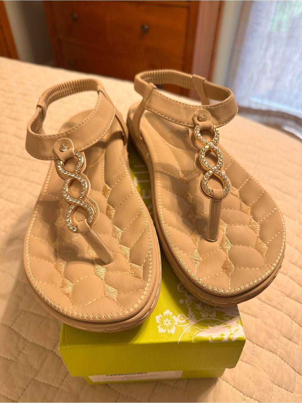 Beige Quilted T-Strap Sandals with Crystal Link Detail